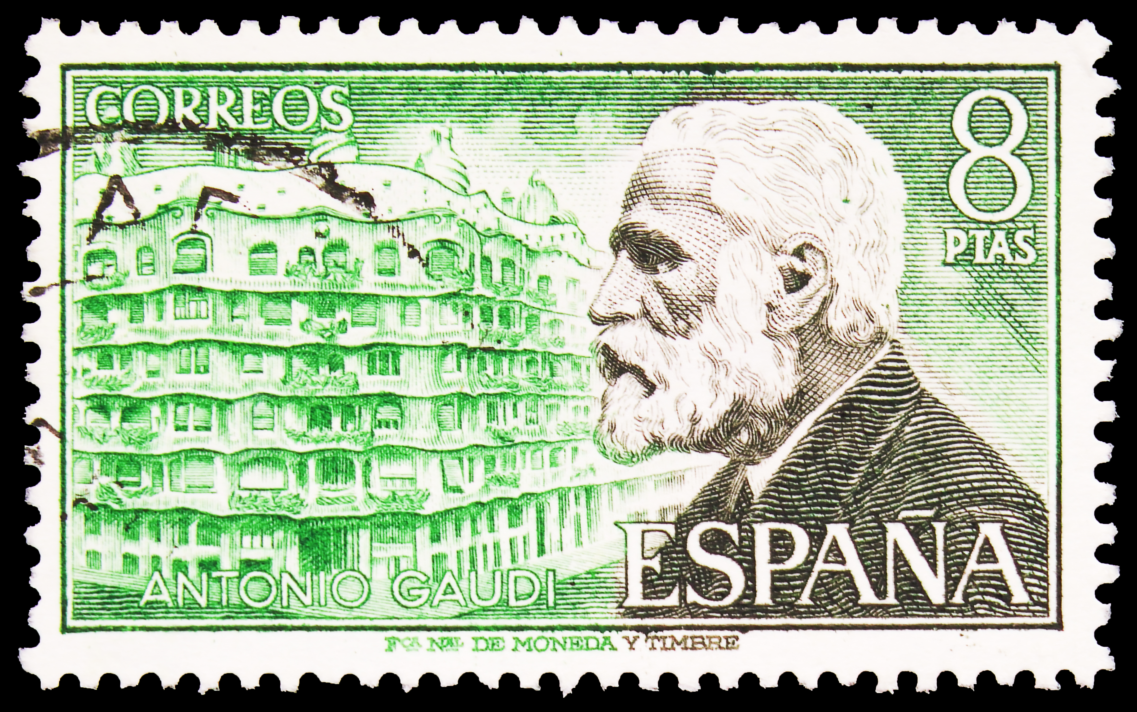 Timbre avec portrait d’Antoni Gaudí, architecte et designer catalan de Barcelone