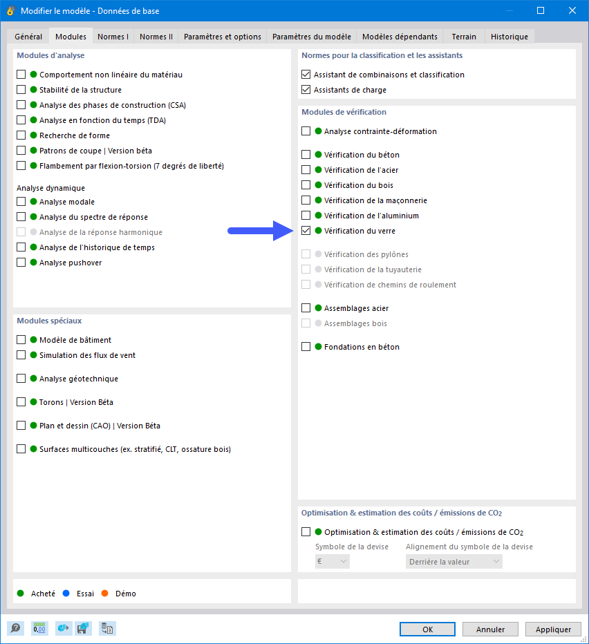 Boutons pour activer le module complémentaire Vérification du verre
