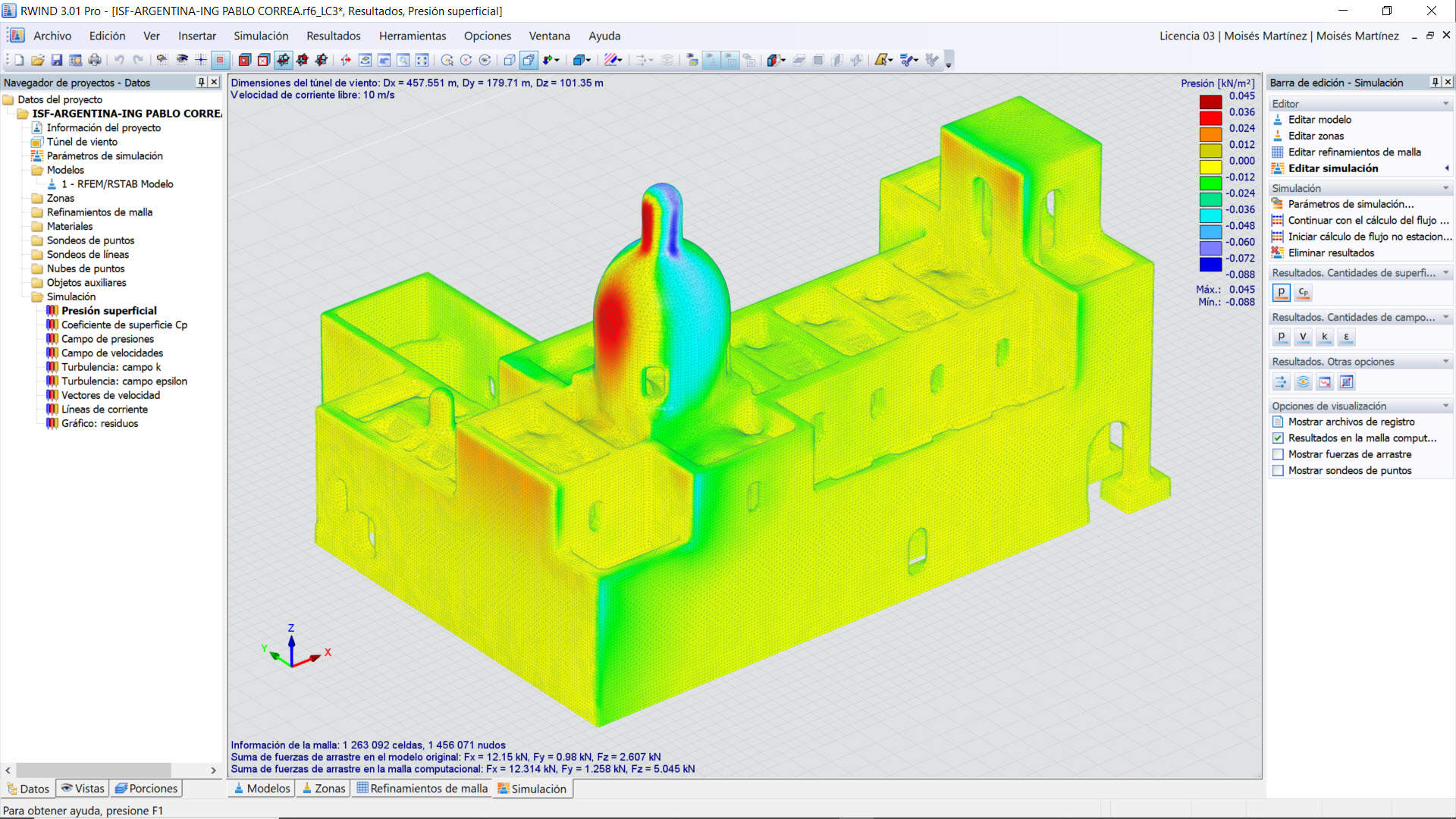 Simulation de pression sur une structure avec RWIND 3D | Carte de couleurs indiquant les zones de pression élevée et basse