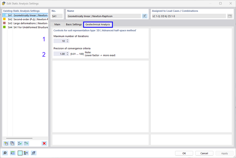 Paramètres pour l’analyse statique 2D - Méthode du module de rigidité (demi-espace élastique)