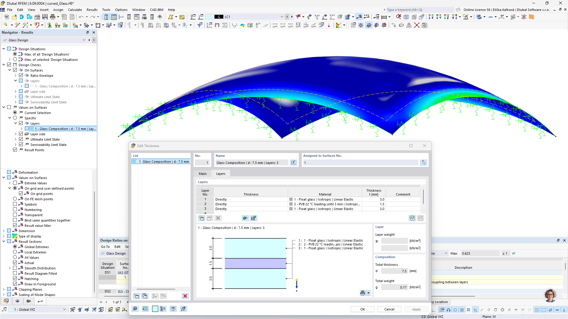 Structure en verre courbée modélisée dans RFEM 6 avec le module complémentaire Vérification du verre