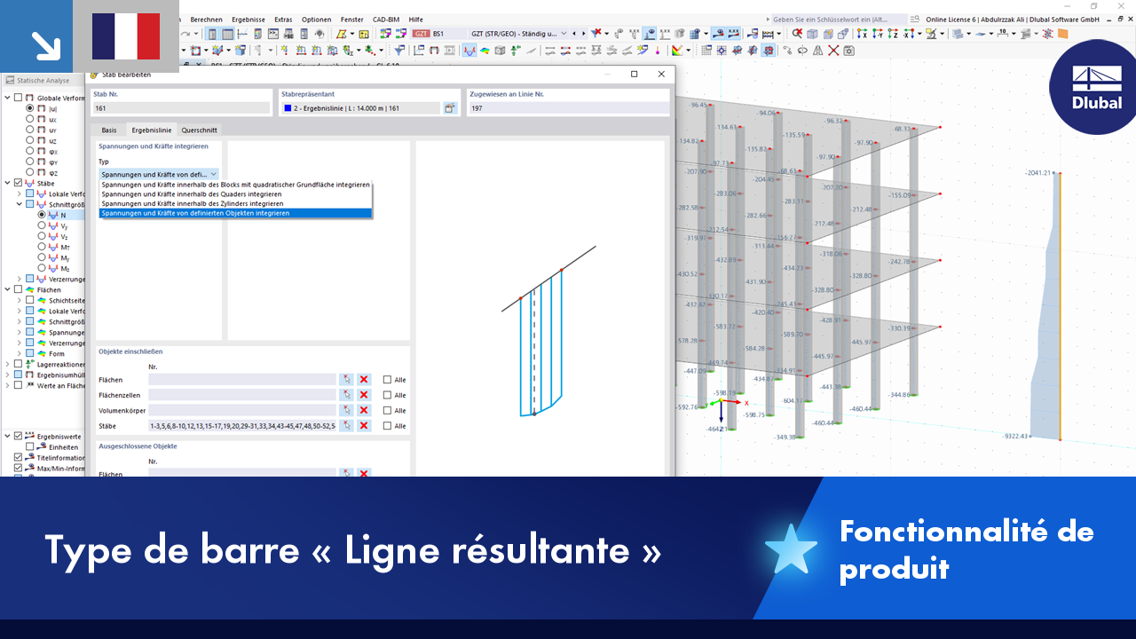 Barre de type ligne résultante pour l’intégration des efforts internes de barre