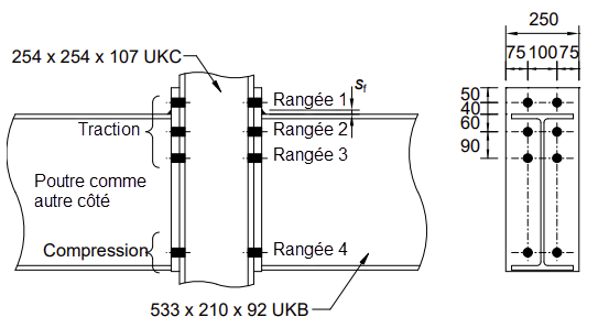 Illustration d’un assemblage boulonné en acier avec dimensions et détails de configuration précis.