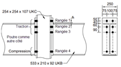 Illustration d’un assemblage boulonné en acier avec dimensions et détails de configuration précis.