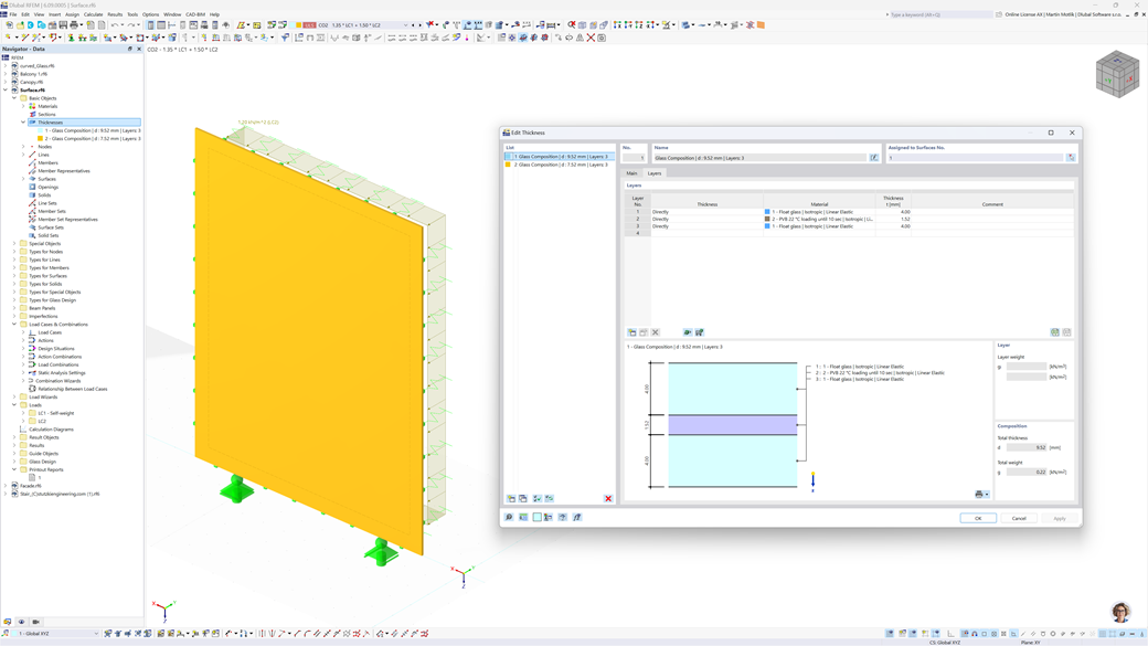 Fenêtre de dialogue RFEM 6 montrant les contrôles pour ajuster l’épaisseur des couches de verre via l’Extension Calcul du verre
