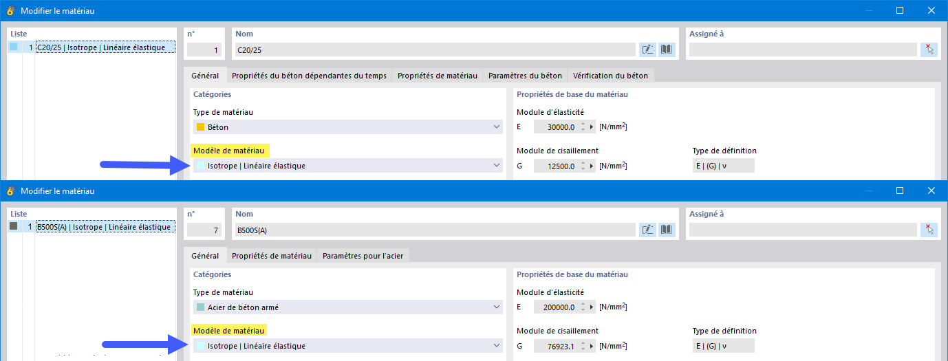 Paramètres prédéfinis pour les modèles de matériaux | Béton et acier de béton armé, Norme
