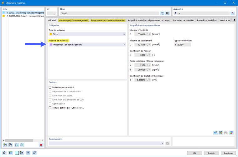Onglet d’entrée pour le modèle de matériau Anisotrope | Endommagement | Béton et acier de béton armé