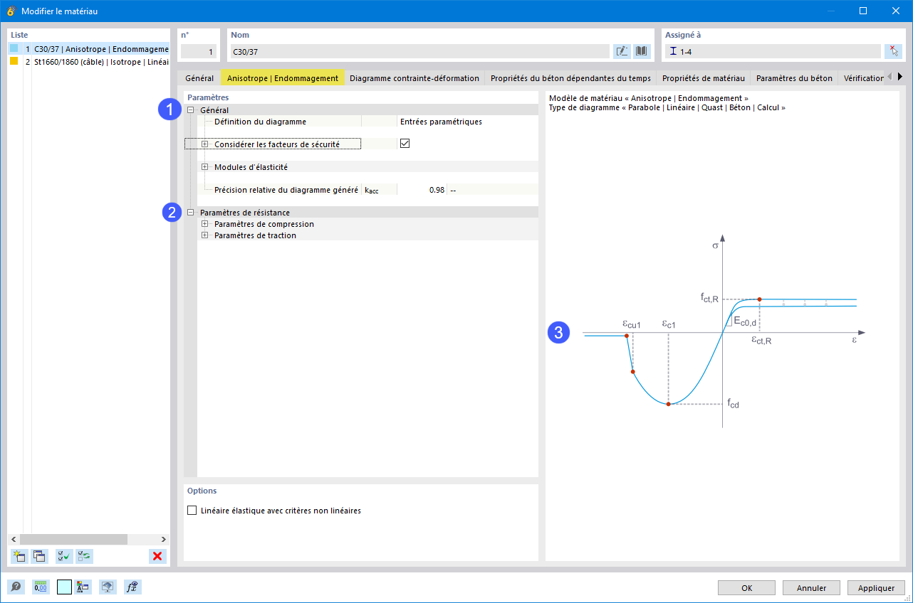 Onglet d’entrée des paramètres de matériau