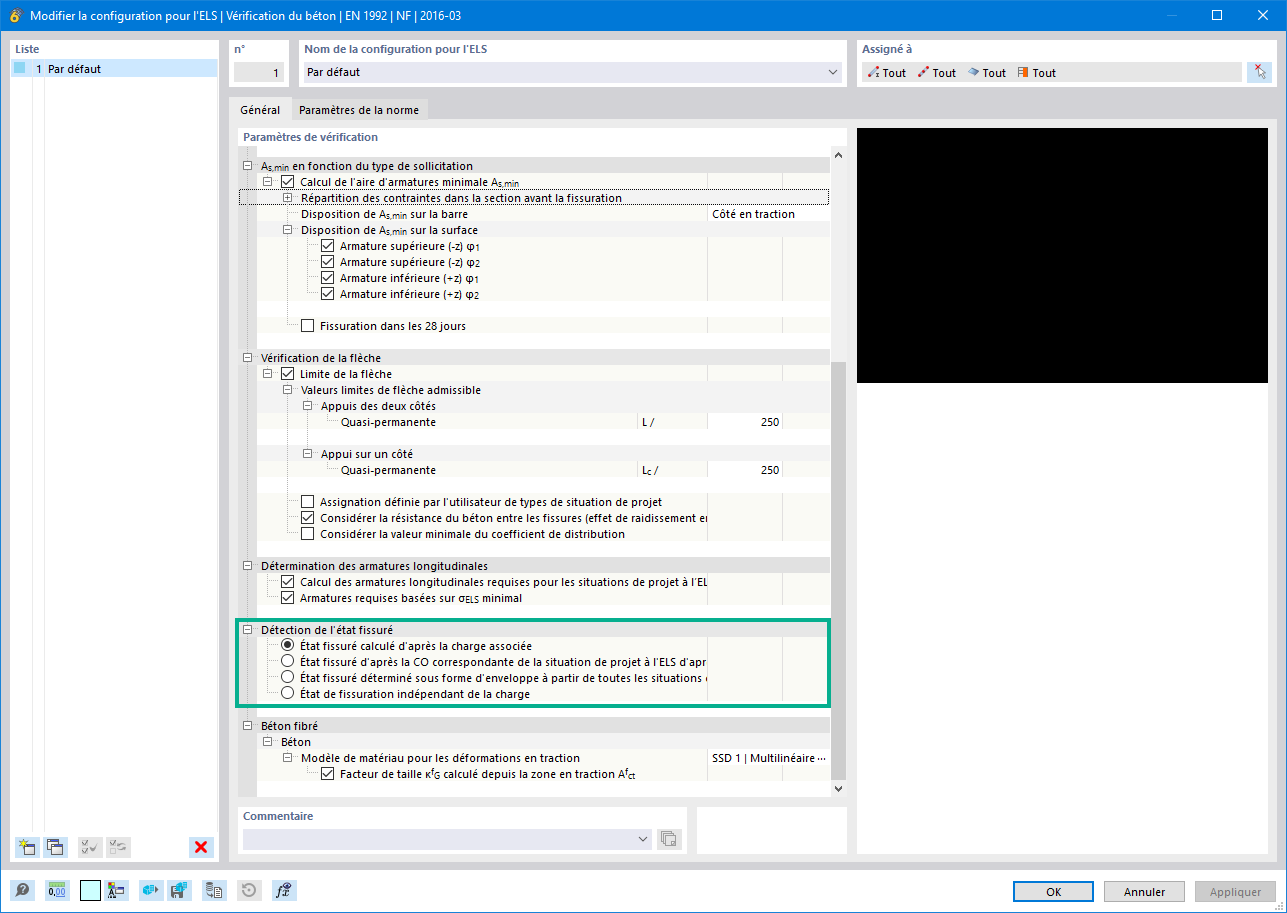 Interface d’affichage des paramètres de la configuration pour la détection de l’état des fissures avec des paramètres techniques.