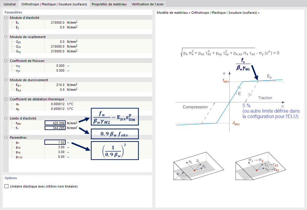 Modèle de matériau « Orthotrope | Plastique | Soudure (Surface) »