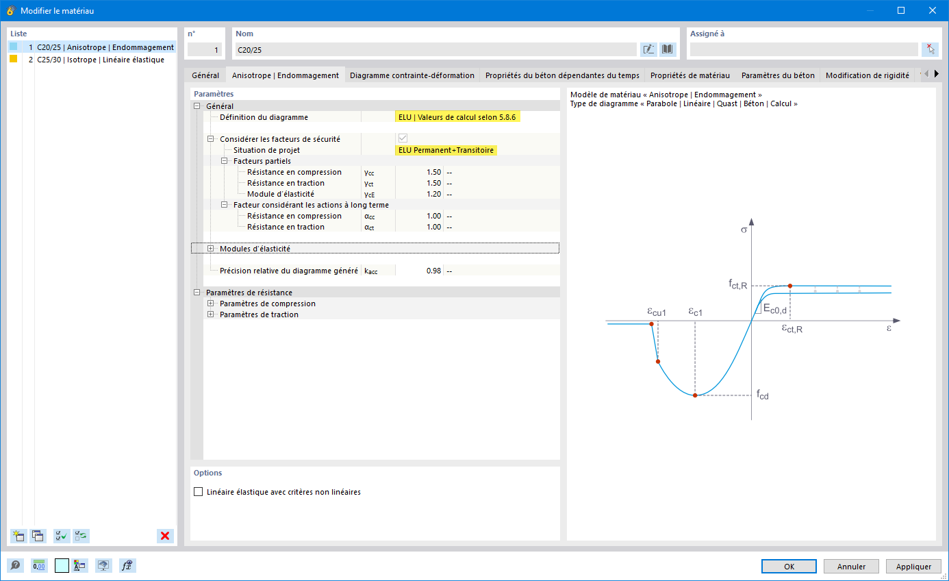 La boîte de dialogue d’entrée du modèle de matériau de béton « Anisotrope | Endommagement » présente la sélection « ELU P+T | Valeurs de calcul pour la définition de diagramme ».