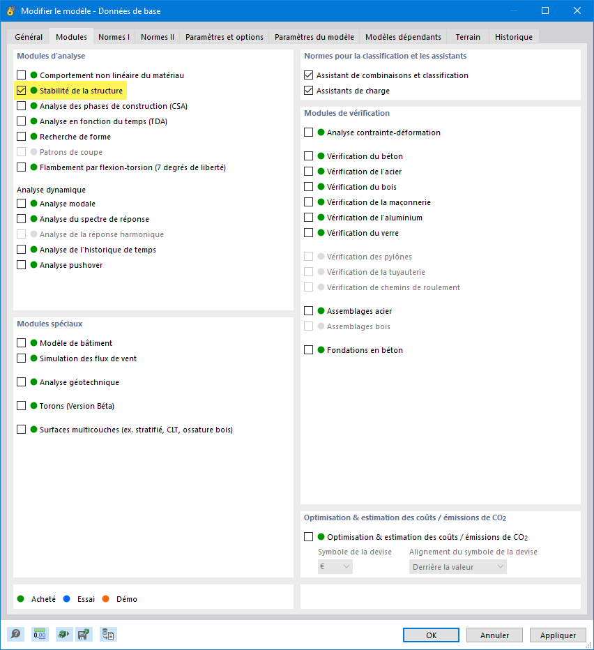 Le module complémentaire Stabilité de la structure est facile à installer. Il nécessite une licence supplémentaire et est activé dans les données de base du modèle.