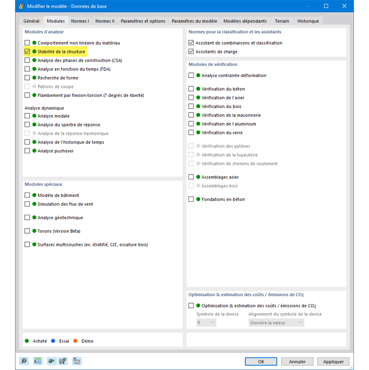 Le module complémentaire Stabilité de la structure est facile à installer. Il nécessite une licence supplémentaire et est activé dans les données de base du modèle.