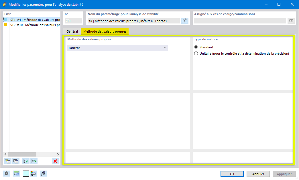Onglet Méthode des valeurs propres de la fenêtre des paramètres pour l’analyse de stabilité