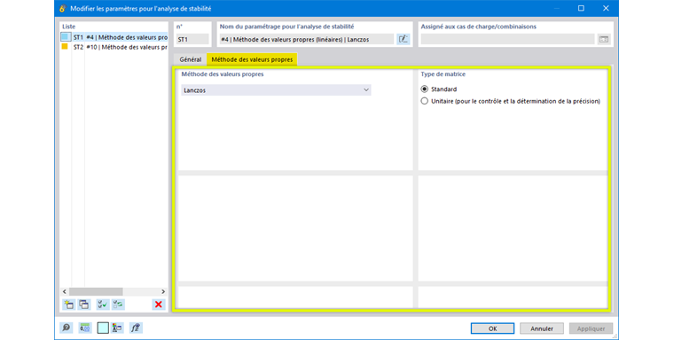 Onglet Méthode des valeurs propres de la fenêtre des paramètres pour l’analyse de stabilité