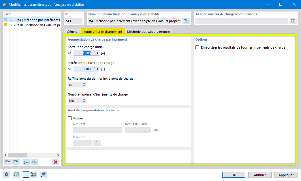 L’image montre les options pour la configuration de l’analyse de stabilité dans l’onglet Augmenter les charges