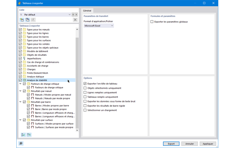 La boîte de dialogue RFEM permet de sélectionner et d’exporter des tableaux avec diverses options de réglage.