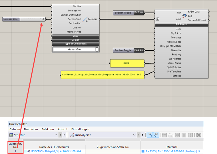 L’image montre une référence au numéro de section depuis le modèle RFEM et une représentation RSECTION dans Grasshopper.