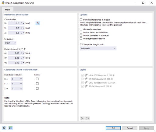 L’image affiche les paramètres d’importation AutoCAD DXF dans RFEM 6.