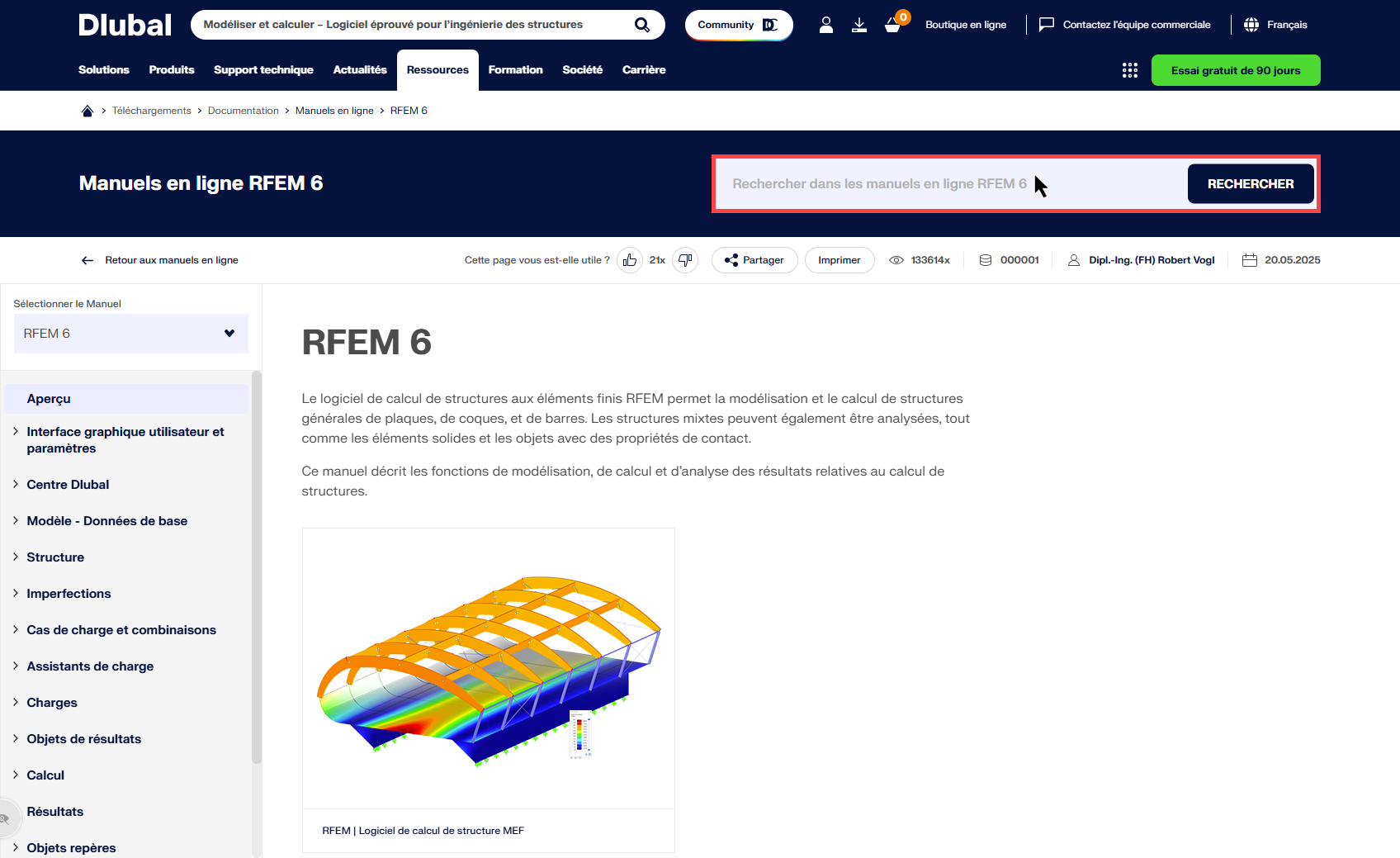 Recherche dans le manuel en ligne de Dlubal pour les demandes techniques