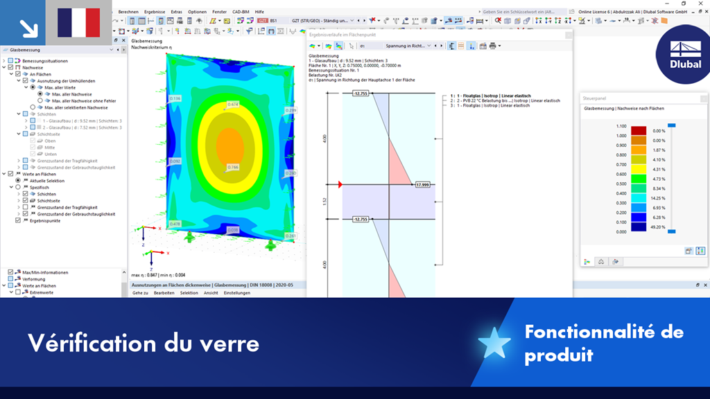 Vue détaillée du calcul de verre illustrant les propriétés structurelles et les charges du verre.