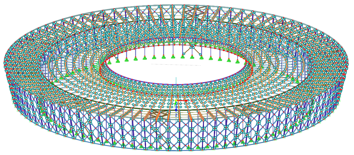 Simulation de construction par phase de la structure en acier de la toiture des tribunes d’un stade de foot.