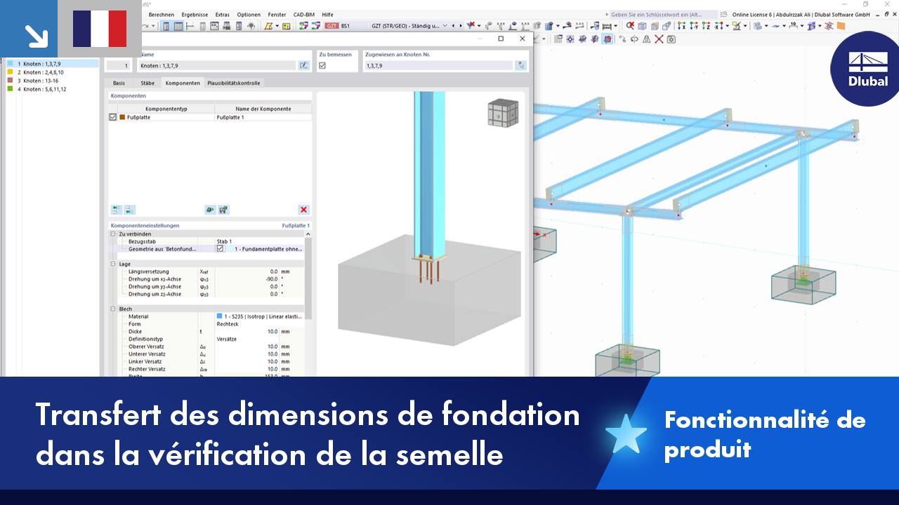 Visualisation du transfert de dimensions individuelles des fondations lors de la vérification des appuis dans un logiciel. Capture d'écran d'une boîte de dialogue avec des champs facultatifs pour les paramètres tels que la largeur, la longueur et la profondeur. Il existe des indications visuelles sur l'utilisation de ces paramètres dans le calcul structurel. Modèle professionnel de logiciel d'ingénierie pour soutenir l'analyse structurelle.