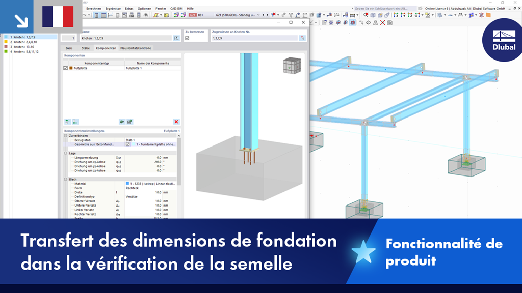 Visualisation du transfert de dimensions individuelles des fondations lors de la vérification des appuis dans un logiciel. Capture d'écran d'une boîte de dialogue avec des champs facultatifs pour les paramètres tels que la largeur, la longueur et la profondeur. Il existe des indications visuelles sur l'utilisation de ces paramètres dans le calcul structurel. Modèle professionnel de logiciel d'ingénierie pour soutenir l'analyse structurelle.