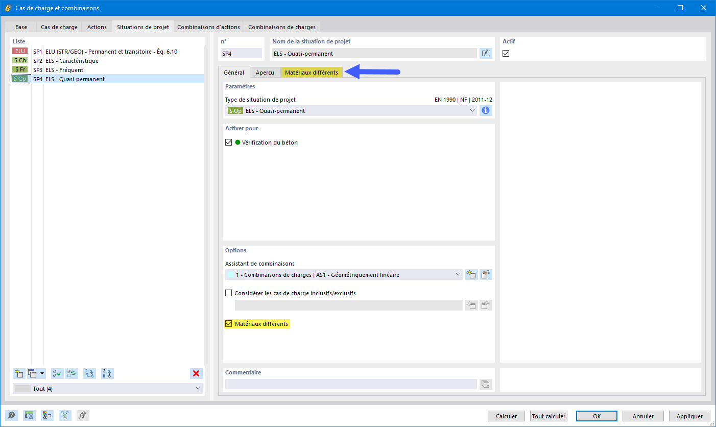 Paramètre pour les situations de projet avec les matériaux différents activés dans RFEM 6.