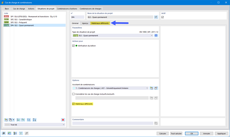 Paramètre pour les situations de projet avec les matériaux différents activés dans RFEM 6.