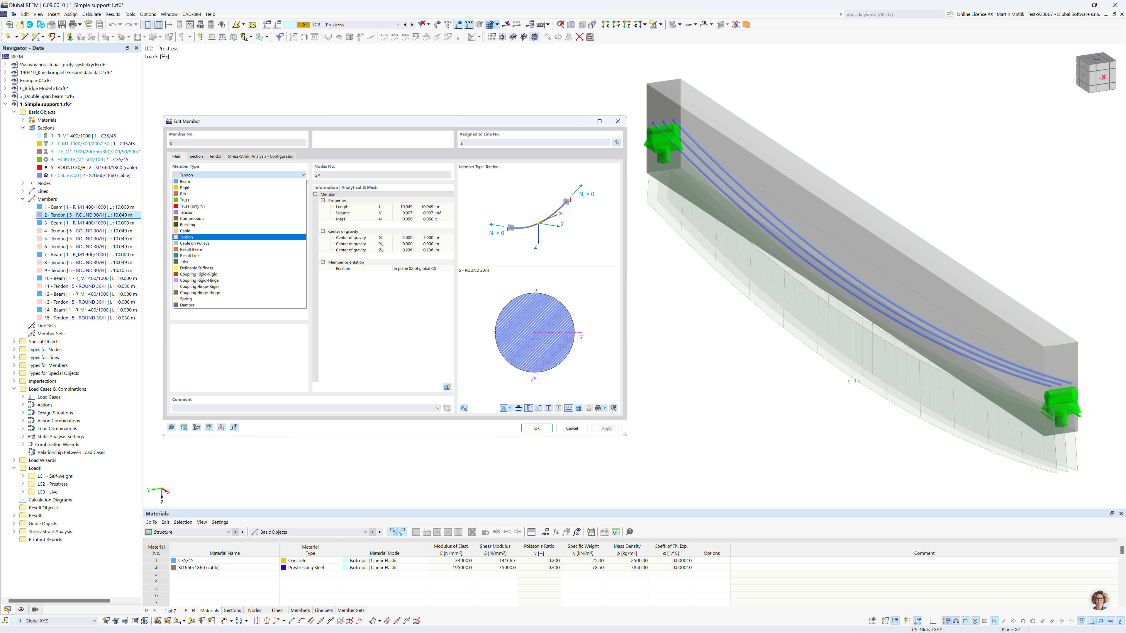 Modèle de poutre en béton avec armature précontrainte et boîte de dialogue des paramètres des torons dans RFEM 6