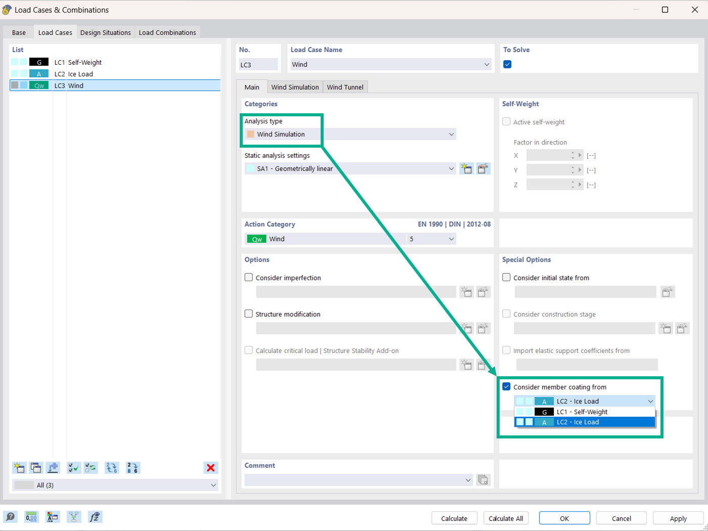 Simulation des charges de vent sur des structures avec option de considération des enrobages.