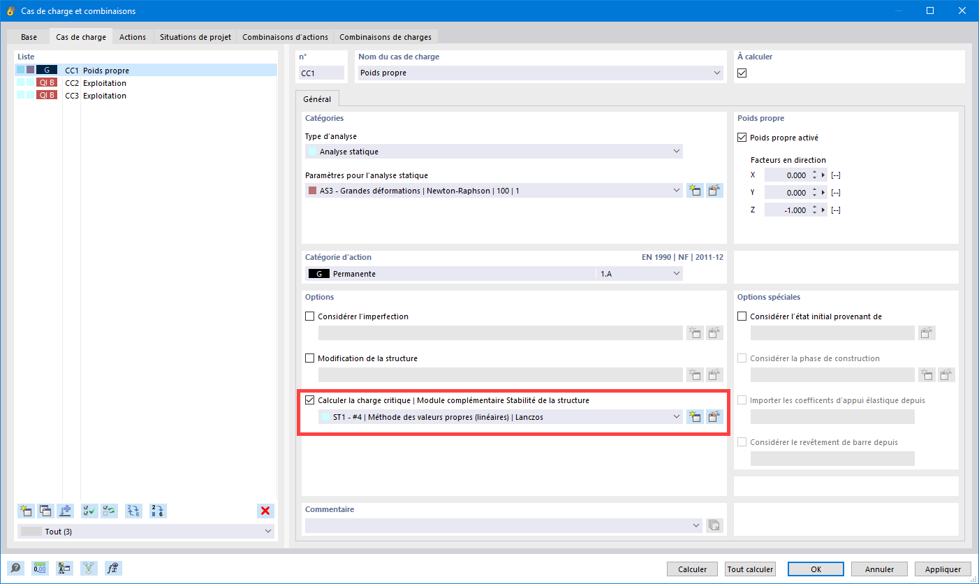 Analyse d'une structure avec le module complémentaire « Analyse de stabilité » pour les cas de charge et combinaisons