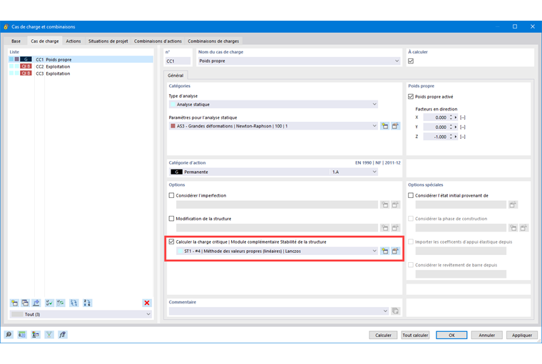 Analyse d'une structure avec le module complémentaire « Analyse de stabilité » pour les cas de charge et combinaisons
