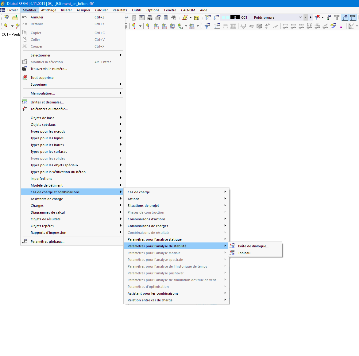 Vue de la barre de menu pour configurer les paramètres de stabilité de la structure dans le module complémentaire.