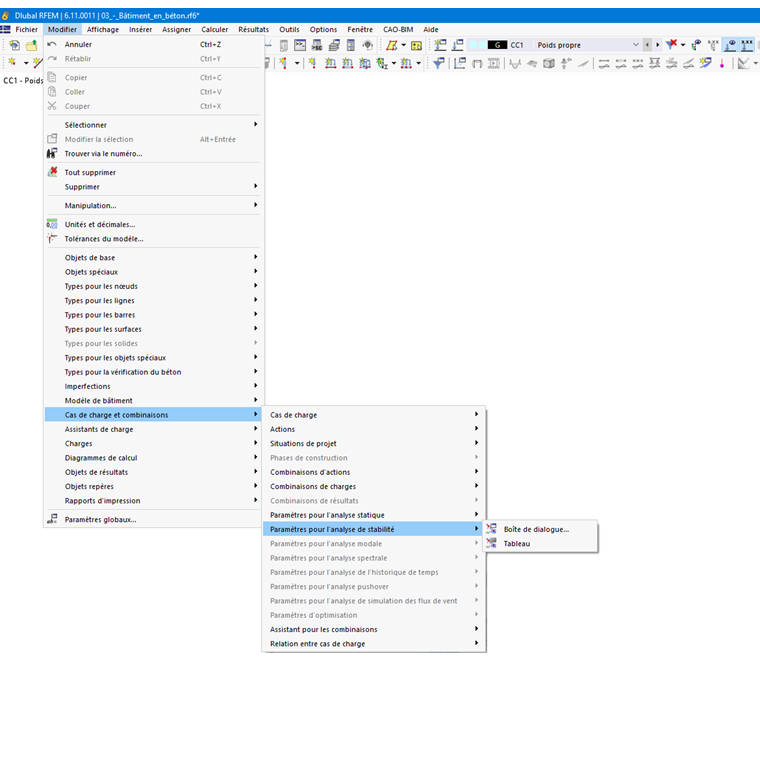 Vue de la barre de menu pour configurer les paramètres de stabilité de la structure dans le module complémentaire.