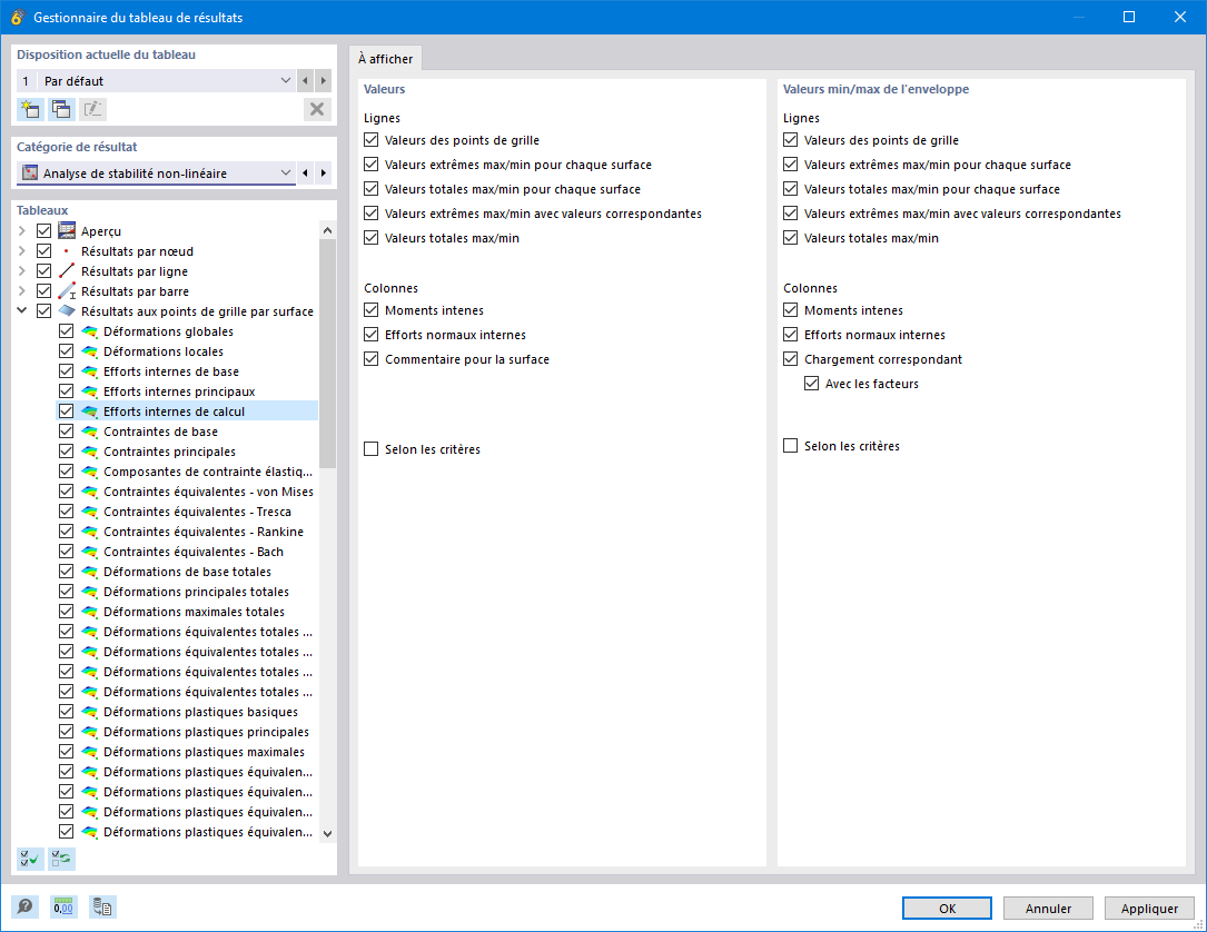Le gestionnaire des tableaux de résultats affiche les détails des résultats obtenus grâce à des méthodes de calcul incrémentielles dans les logiciels Dlubal.