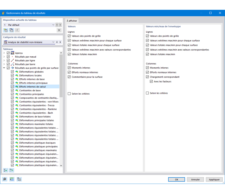 Le gestionnaire des tableaux de résultats affiche les détails des résultats obtenus grâce à des méthodes de calcul incrémentielles dans les logiciels Dlubal.