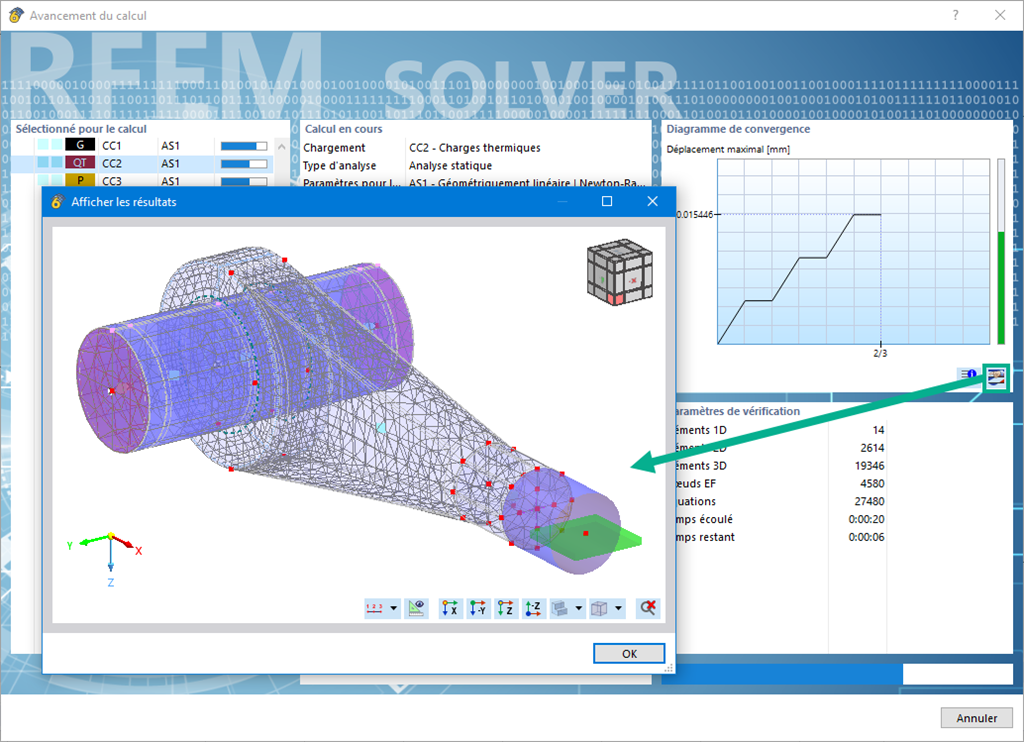Affichage des déformations du modèle dans la fenêtre d’avancement du calcul du logiciel.