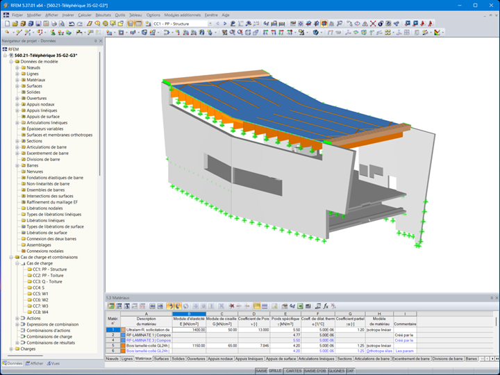 Modèle 3D de la gare intermédiaire de téléphérique dans le logiciel de modélisation RFEM 5.