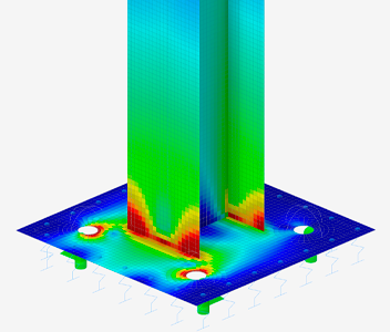 Représentation graphique de l’analyse contrainte-déformation à l’aide du logiciel RFEM 6, illustrant la distribution des contraintes dans un élément structurel.