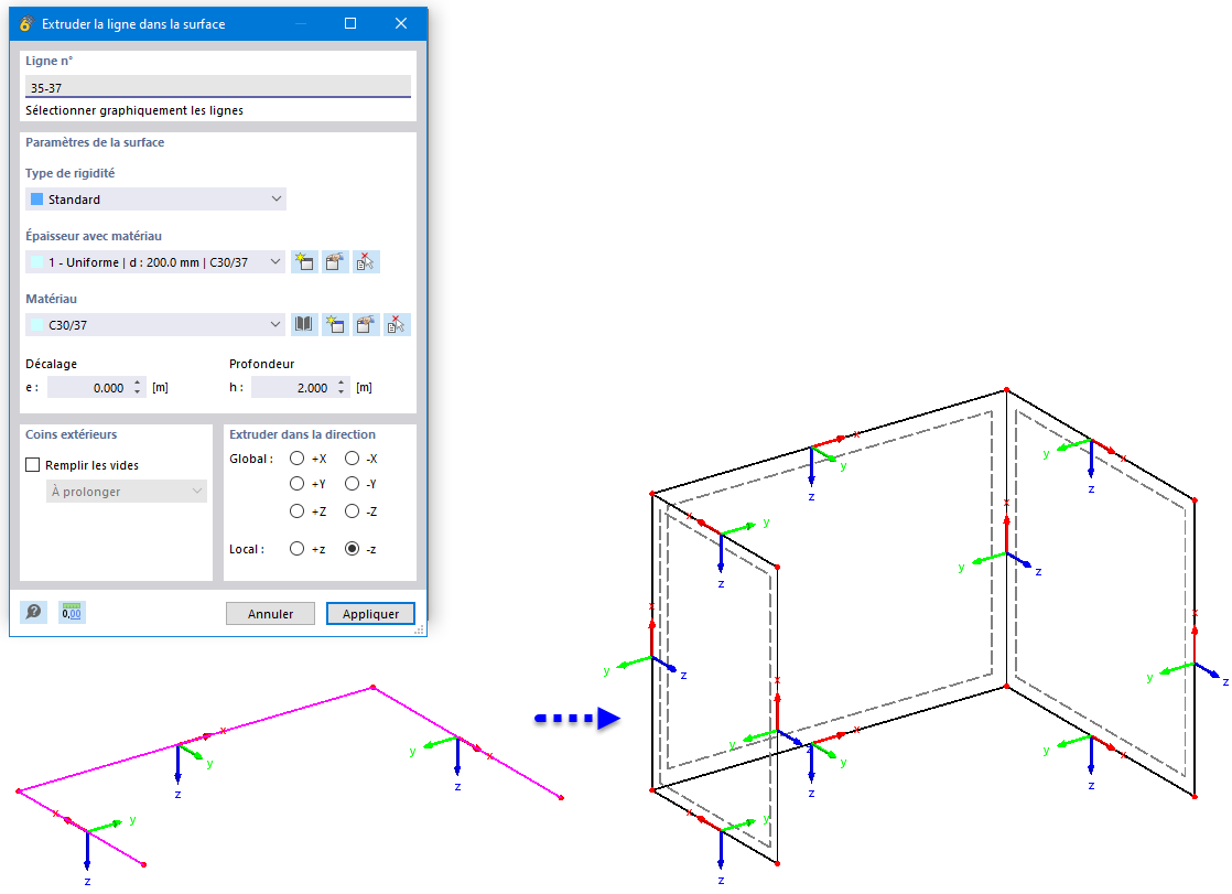 Extruder les lignes en surfaces avec résultat