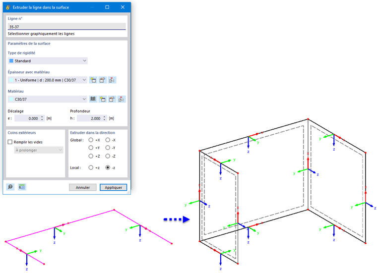 Extruder les lignes en surfaces avec résultat