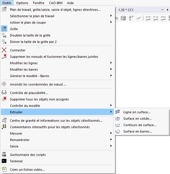 Fonctions d’extrusion dans le menu 3D pour façonner les composants et projets de construction
