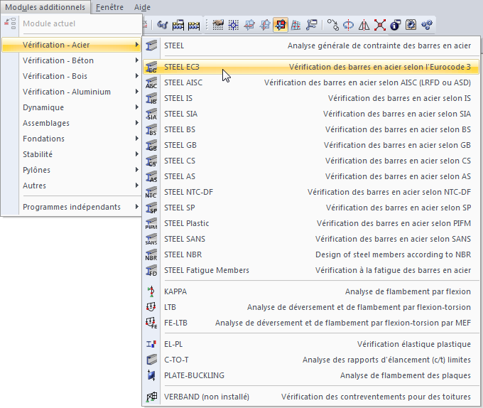Le menu du module complémentaire Structures Acier dans RF-/STEEL EC3 apparaît.