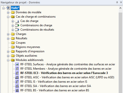 Navigateur Données pour le module additionnel RF-STEEL EC3 avec vue d’ensemble structurée