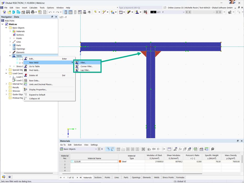 Définition de la section dans RSECTION avec paramètres des soudures. Possibilité de calcul des contraintes de soudure pour les soudures d’angle visibles.