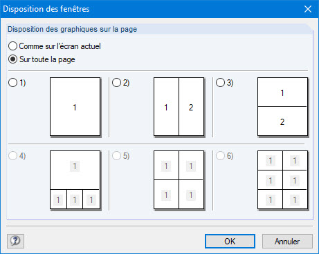 Illustration d’une boîte de dialogue pour la disposition des fenêtres dans un environnement logiciel. Affiche différentes options et réglages pour ajuster l'affichage.