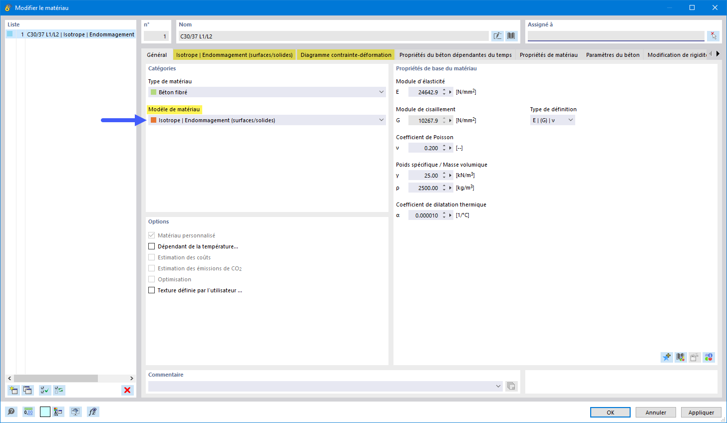 Modèle de matériau pour analyse non linéaire du béton fibré sélectionné avec le modèle Endommagement Isotrope
