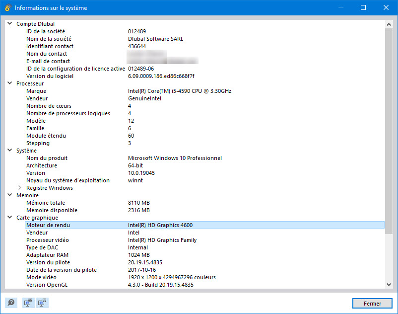 Visualisation pour l’identification de la carte graphique utilisée pour RFEM 6 avec guide de FAQ.